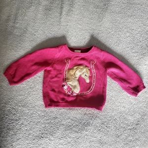 Gymboree Girls 06-12m Pink Sweater w horse Face & Horseshoe Metallic Gold